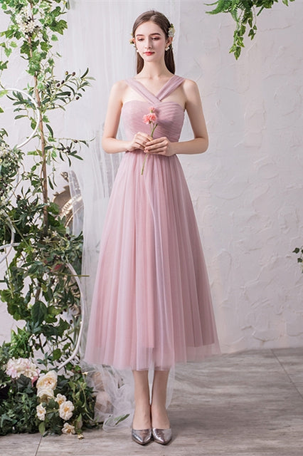 Blush Pink Tulle Midi Mismatched Bridesmaid Dress