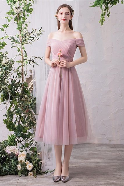 Blush Pink Tulle Midi Mismatched Bridesmaid Dress