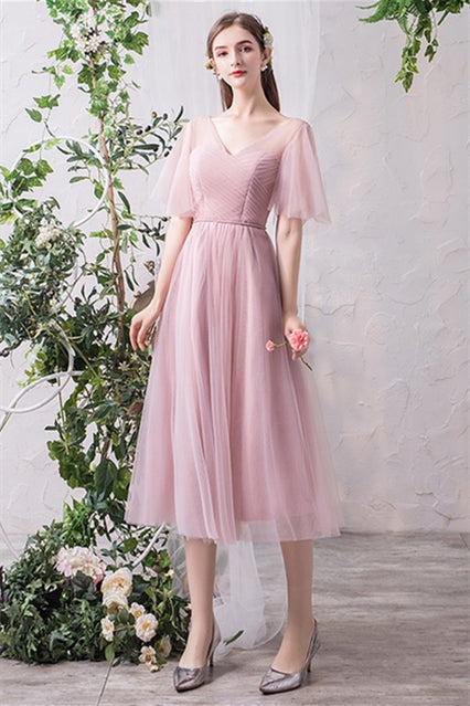Blush Pink Tulle Midi Mismatched Bridesmaid Dress