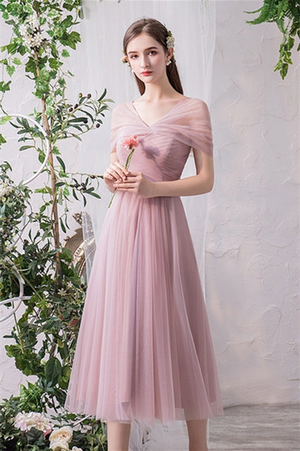 Blush Pink Tulle Midi Mismatched Bridesmaid Dress