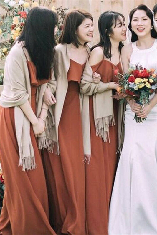 4 Styles Rust Orange Chiffon Long Mismatched Bridesmaid Dresses