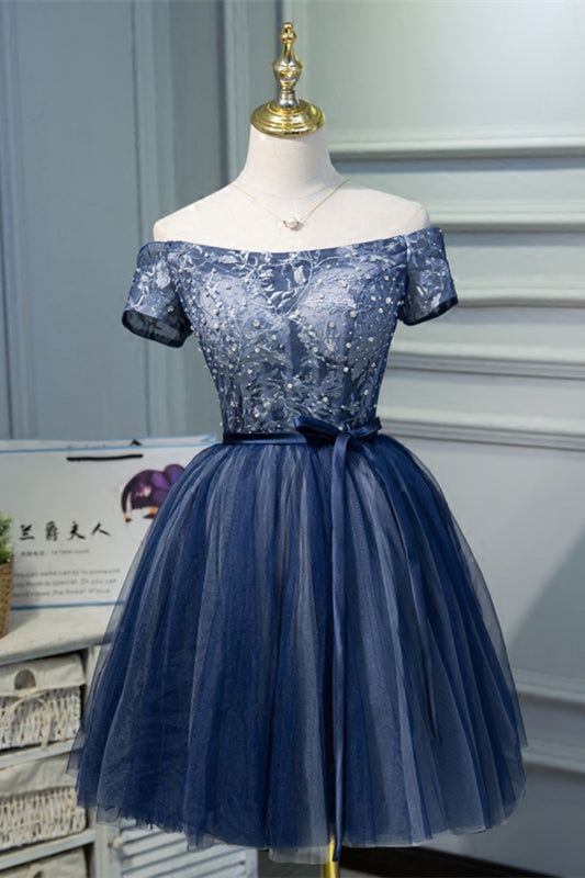 Navy Blue Off-the-Shoulder Beaded Embroidery Homecoming Dress