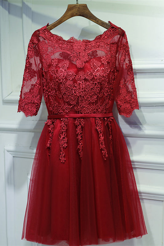 Red Illusion Lace Neck Sleeves Appliques Mini Formal Dress with Sash