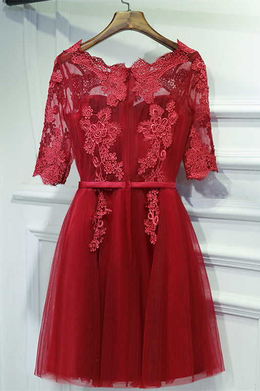 Red Illusion Lace Neck Sleeves Appliques Mini Formal Dress with Sash | Joyofdress Red Illusion Lace Neck Sleeves Appliques Mini Formal Dress with Sash | Joyofdress