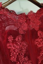 Red Illusion Lace Neck Sleeves Appliques Mini Formal Dress with Sash