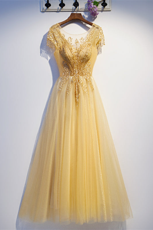 Yellow A-line Illusion Neck Embroidery Tea Length Formal Dress with Beading