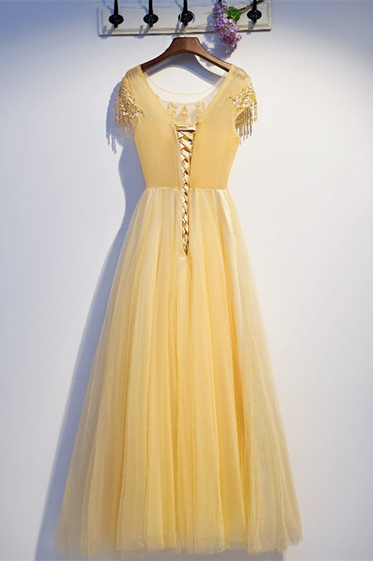 Yellow A-line Illusion Neck Embroidery Tea Length Formal Dress with Beading