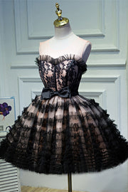 Black Illusion Neck Ruffles Appliques Homecoming Dress with Bow