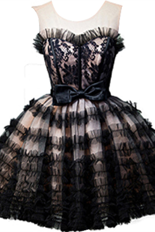 Black Illusion Neck Ruffles Appliques Homecoming Dress with Bow