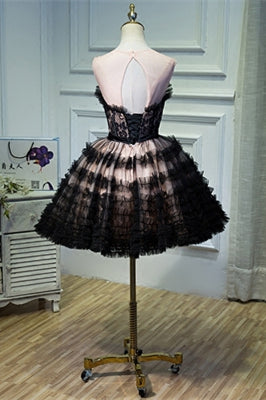 Black Illusion Neck Ruffles Appliques Homecoming Dress with Bow