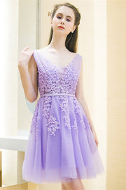 Lilac Plunging V Neck Beaded Appliques Sleeveless Mini Formal Dress with sash