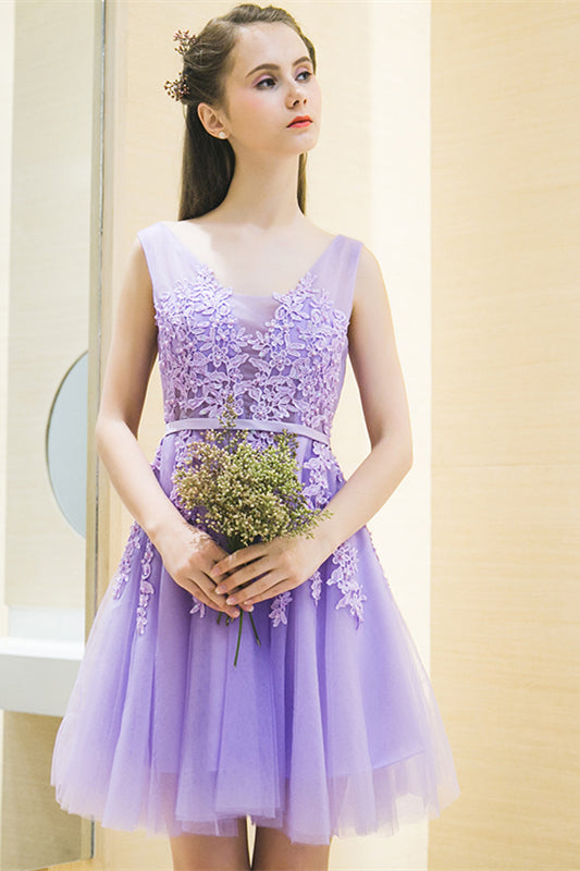 Lilac Plunging V Neck Beaded Appliques Sleeveless Mini Formal Dress with sash