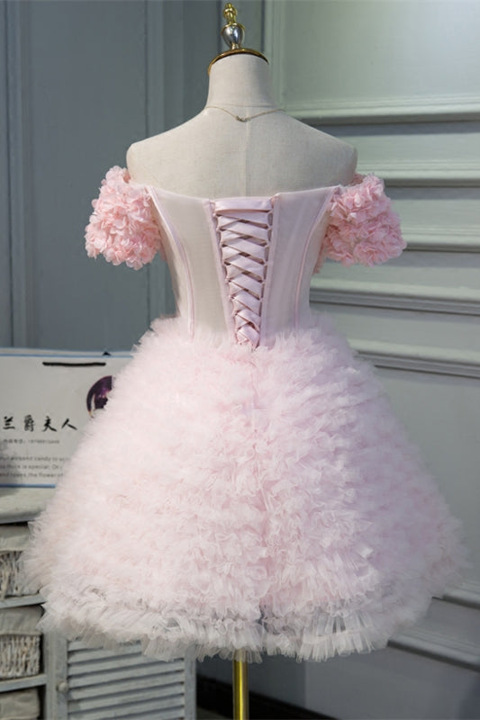 Pink Off-the-Shoulder Flowers Ruffles Tulle Homecoming Dress Pink Off-the-Shoulder Flowers Ruffles Tulle Homecoming Dress