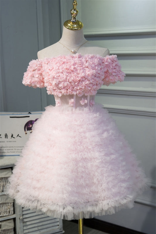 Pink Off-the-Shoulder Flowers Ruffles Tulle Homecoming Dress