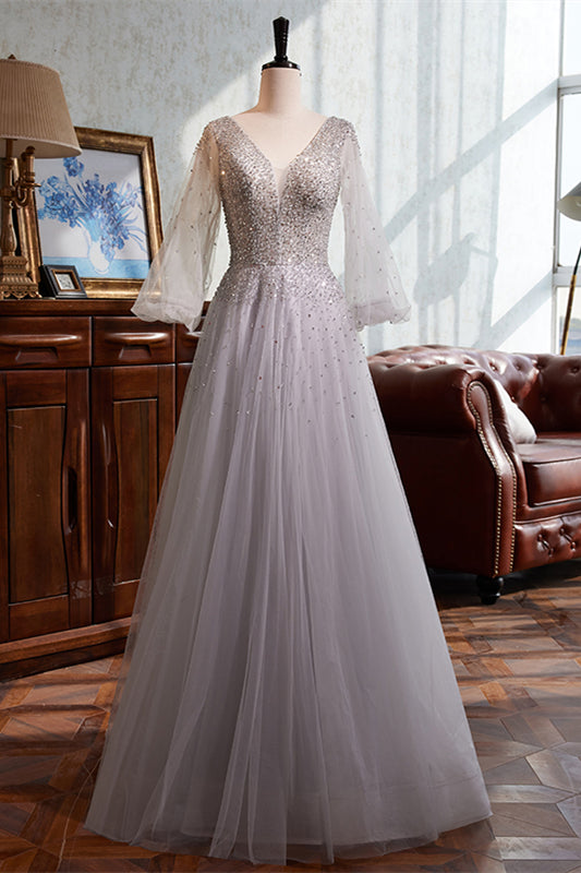 V Neck Silver Grey Occasion Dresses Long Lace V-neck Tulle A-line Grey Wedding Guest V Neck Silver Grey Occasion Dresses Long Lace V-neck Tulle A-line Grey Wedding Guest
