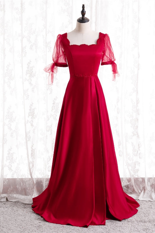 Red A-line Square Neck Illusion Puff Sleeves Beaded Long Formal Dress