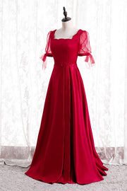 Red A-line Square Neck Illusion Puff Sleeves Beaded Long Formal Dress