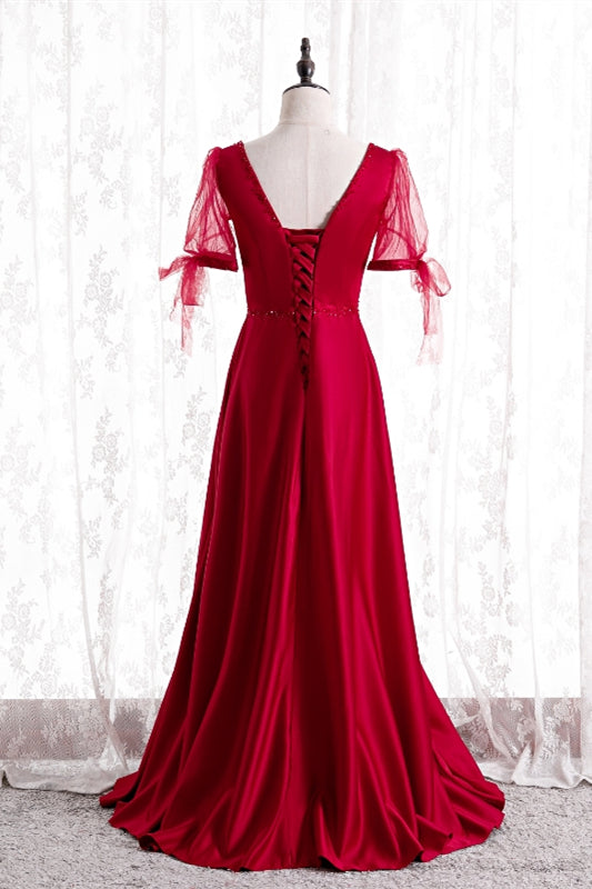 Red A-line Square Neck Illusion Puff Sleeves Beaded Long Formal Dress
