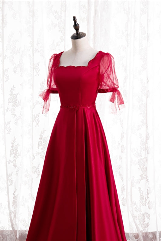 Red A-line Square Neck Illusion Puff Sleeves Beaded Long Formal Dress