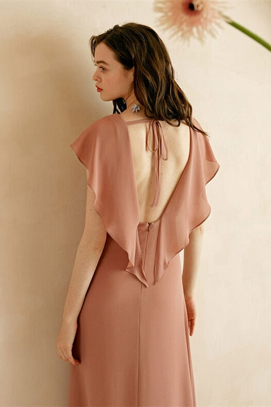 Flutter Sleeves Chiffon Long Bridesmaid Dress