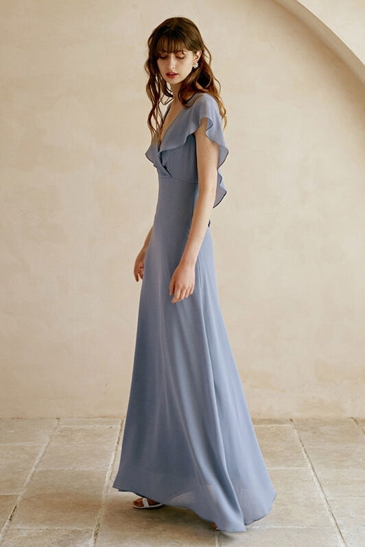 Flutter Sleeves Chiffon Long Bridesmaid Dress Misty Blue / US 6