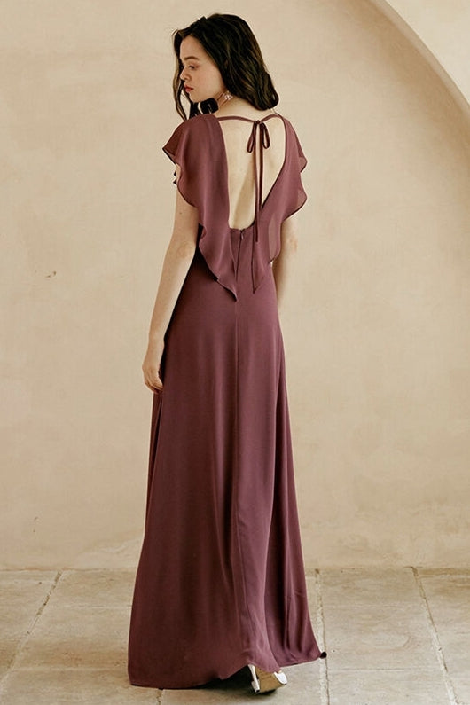 Flutter Sleeves Chiffon Long Bridesmaid Dress