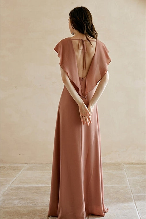 Flutter Sleeves Chiffon Long Bridesmaid Dress