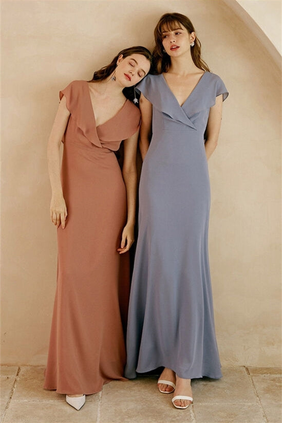 Flutter Sleeves Chiffon Long Bridesmaid Dress