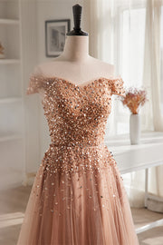 Champagne A-line Off-the-Shoulder Sequins Top Maxi Formal Dress