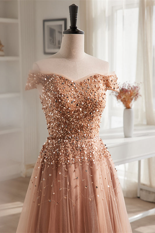 Champagne A-line Off-the-Shoulder Sequins Top Maxi Formal Dress