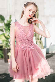 Dusty Pink Illusion Neck Beaded Applique Multi-Layers Mini Formal Dress