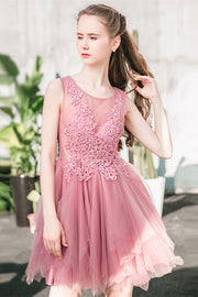 Dusty Pink Illusion Neck Beaded Applique Multi-Layers Mini Formal Dress
