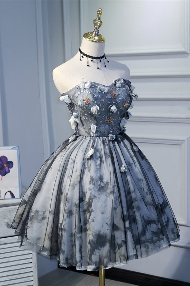Grey Strapless Embroidery Flowers Prints Tulle Homecoming Dress