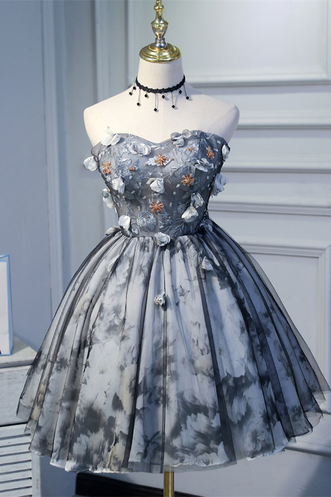 Grey Strapless Embroidery Flowers Prints Tulle Homecoming Dress