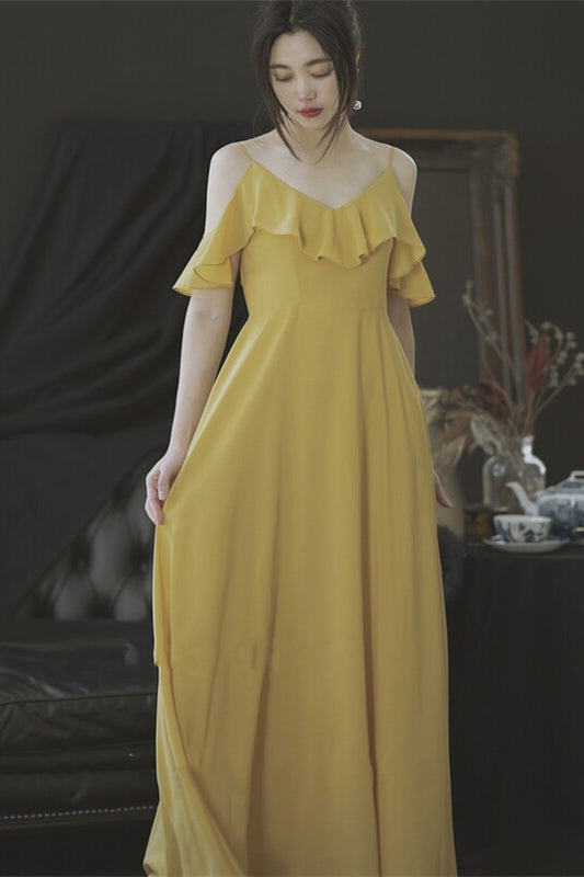 A-line Yellow Chiffon Long Bridesmaid Dress