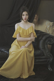 A-line Yellow Chiffon Long Bridesmaid Dress