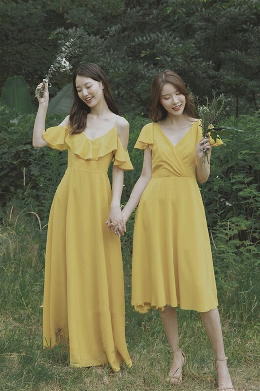 A-line Yellow Chiffon Long Bridesmaid Dress Yellow / US 12 A-line Yellow Chiffon Long Bridesmaid Dress Yellow / US 12