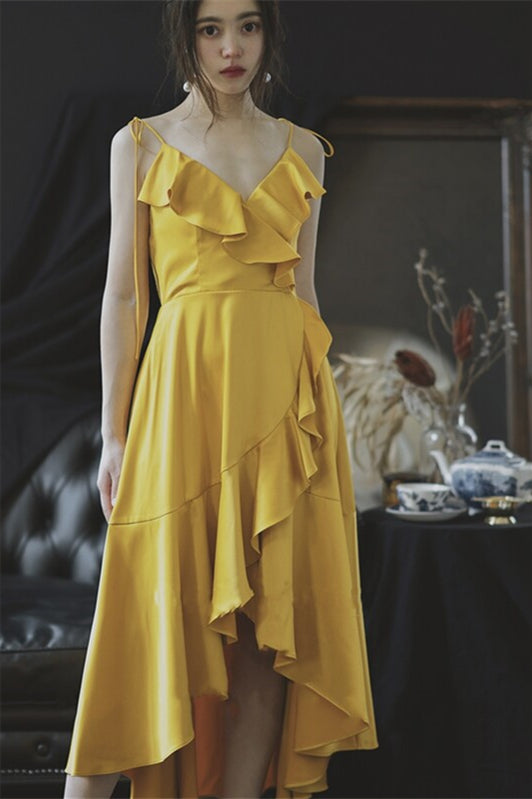 High-low Yellow Ruffled Boho Bridesmaid Dress Yellow / US 2 High-low Yellow Ruffled Boho Bridesmaid Dress Yellow / US 2