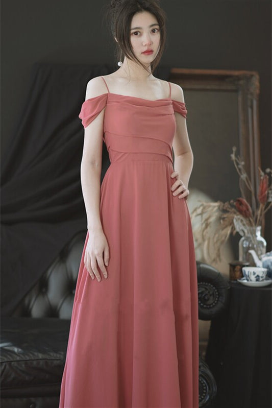 Off The Shoulder Coral Chiffon Long Bridesmaid Dress Coral / US 14 Off The Shoulder Coral Chiffon Long Bridesmaid Dress Coral / US 14