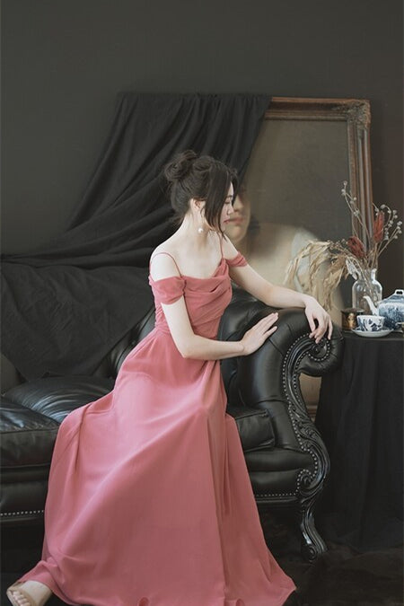 Off the Shoulder Coral Chiffon Long Bridesmaid Dress