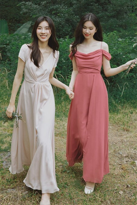 Off the Shoulder Coral Chiffon Long Bridesmaid Dress Coral / US 14 Off the Shoulder Coral Chiffon Long Bridesmaid Dress Coral / US 14