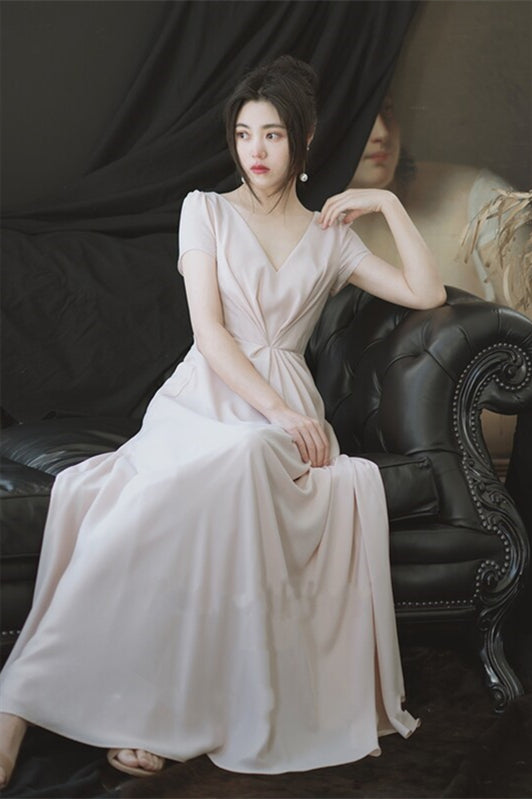 Short Sleeves Pink Chiffon Long Bridesmaid Dress Short Sleeves Pink Chiffon Long Bridesmaid Dress