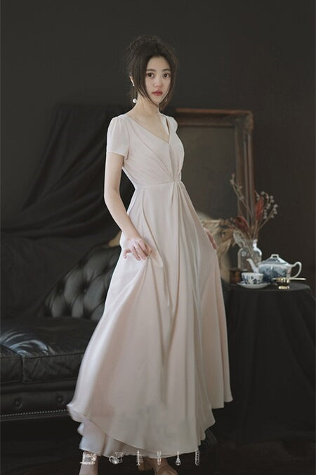 Short Sleeves Pink Chiffon Long Bridesmaid Dress