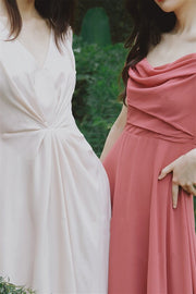 Short Sleeves Pink Chiffon Long Bridesmaid Dress