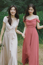 Short Sleeves Pink Chiffon Long Bridesmaid Dress