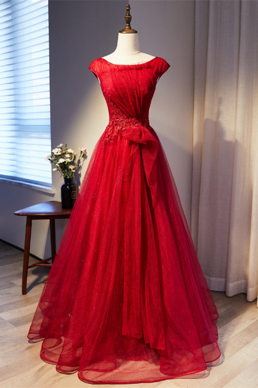 Red Cap Sleeves Pleated Beaded Appliques Lace-Up Long Formal Dress