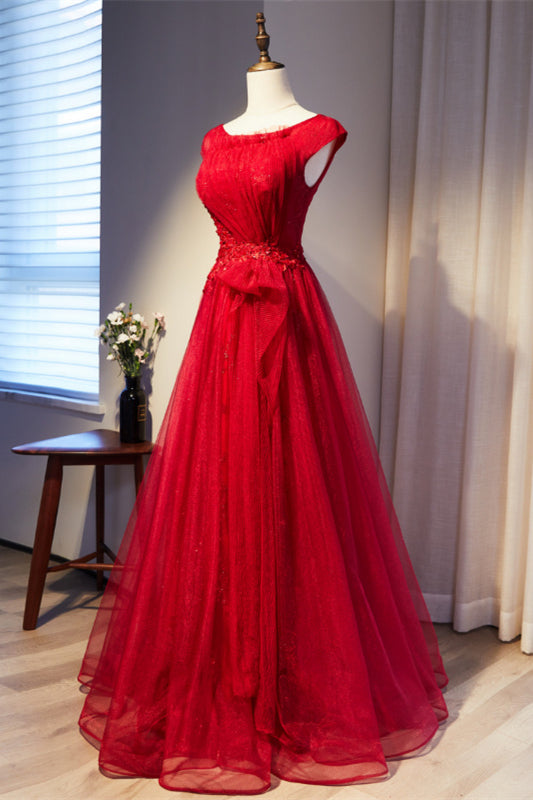 Red Cap Sleeves Pleated Beaded Appliques Lace-Up Long Formal Dress