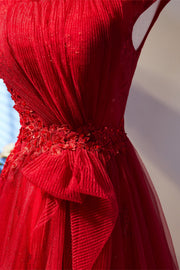 Red Cap Sleeves Pleated Beaded Appliques Lace-Up Long Formal Dress