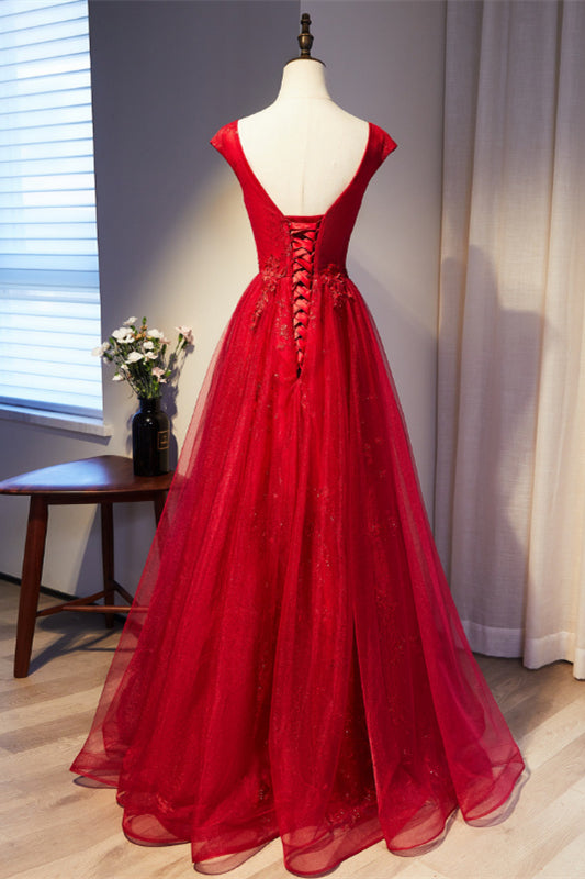 Red Cap Sleeves Pleated Beaded Appliques Lace-Up Long Formal Dress