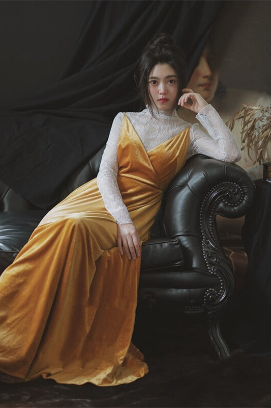 Bridesmaid Dress Yellow Velvet Dress Long Sleeve Velvet Bridesmaid Dresses Flutter Sleeves V Neck Bridesmaid Dress Yellow Velvet Dress Long Sleeve Velvet Bridesmaid Dresses Flutter Sleeves V Neck